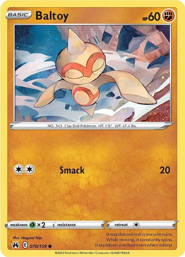 A common Pokémon trading card featuring Baltoy (070/159) [Sword & Shield: Crown Zenith] from the Pokémon set. The card has a yellow border and shows Baltoy, a Fighting-type clay doll Pokémon, floating against a background of ancient ruins. Baltoy's stats are HP 60, and it includes an attack called "Smack" that deals 20 damage. The card is number 070/159, illustrated by