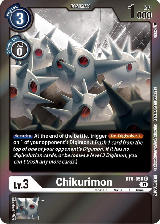 A Digimon card from the Double Diamond Promos set showcases Chikurimon [BT6-056] (Event Pack 4) [Double Diamond Promos]. The card features an image of Chikurimon, a metallic, spiked Digimon. It has a play cost of 3 and a DP of 1000. The card includes details of Chikurimon's security effect, De-Digivolve 1. It is a black, level