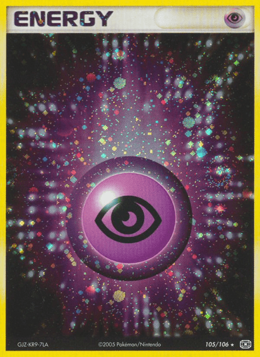 A Pokémon Psychic Energy (105/106) [EX: Emerald] card from the EX: Emerald set with a yellow border labeled "Energy" at the top. This Holo Rare card showcases a purple eye symbol representing Psychic Energy. The background is a vibrant mix of pink, purple, and black with sparkles and glowing particles radiating outward from the eye symbol. The card number is 105/106.