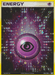 A Pokémon Psychic Energy (105/106) [EX: Emerald] card from the EX: Emerald set with a yellow border labeled "Energy" at the top. This Holo Rare card showcases a purple eye symbol representing Psychic Energy. The background is a vibrant mix of pink, purple, and black with sparkles and glowing particles radiating outward from the eye symbol. The card number is 105/106.