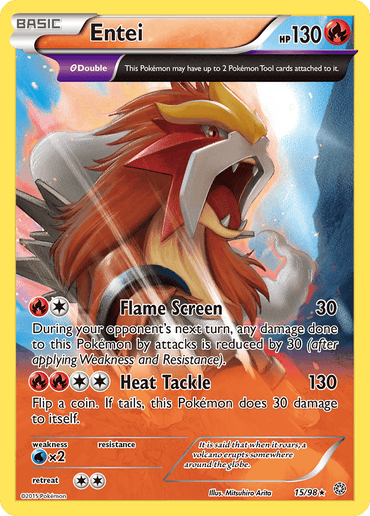 A Pokémon trading card of "Entei (15/98) [XY: Ancient Origins]" from the Pokémon brand, a fire-type Legendary Pokémon. It boasts 130 HP and features the moves "Flame Screen" and "Heat Tackle." The Holo Rare card has a yellow border, with Entei depicted in an action pose amid flames and mountains in the background. Card number: 15/98.