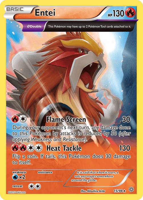 A Pokémon trading card of "Entei (15/98) [XY: Ancient Origins]" from the Pokémon brand, a fire-type Legendary Pokémon. It boasts 130 HP and features the moves "Flame Screen" and "Heat Tackle." The Holo Rare card has a yellow border, with Entei depicted in an action pose amid flames and mountains in the background. Card number: 15/98.