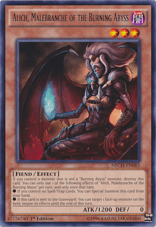 A Yu-Gi-Oh! trading card titled "Alich, Malebranche of the Burning Abyss [NECH-EN083] Rare" features a demonic figure with a dark wing and multiple red glowing eyes. This 1st Edition Effect Monster has 1200 ATK and 0 DEF, with special effect text describing its abilities. The card is encased in a golden border.