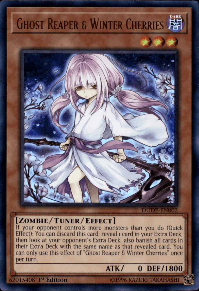 A Yu-Gi-Oh! Ultra Rare trading card titled "Ghost Reaper & Winter Cherries [DUDE-EN002] Ultra Rare." The card features an illustration of a young, white-haired girl in a white kimono holding a pink scythe, surrounded by glowing blue magical symbols and falling cherry blossoms. Part of the Duel Devastator set, it has details on attack, defense, and effect text.