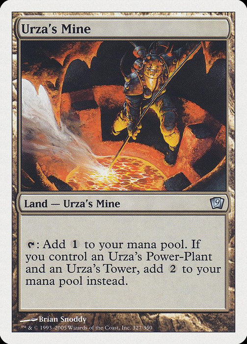 A Magic: The Gathering card titled "Urza's Mine [Ninth Edition]" features a miner suspended over a fiery pit in a cavern. This Land-type card gains added mana when combined with "Urza's Power-Plant" and "Urza's Tower," offering strategic synergy for players.