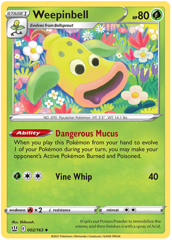 A Pokémon Weepinbell (002/163) [Sword & Shield: Battle Styles] card with an HP of 80. It is a Stage 1 Grass-type and Uncommon Pokémon. The card features 