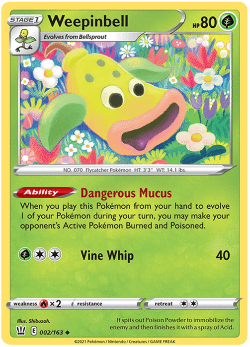A Pokémon Weepinbell (002/163) [Sword & Shield: Battle Styles] card with an HP of 80. It is a Stage 1 Grass-type and Uncommon Pokémon. The card features "Dangerous Mucus" and "Vine Whip," which deals 40 damage. The design showcases colorful flowers and trees in the background, and it is from the brand Pokémon.
