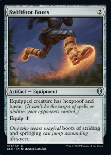 A "Swiftfoot Boots [Commander Legends: Battle for Baldur's Gate]" Magic: The Gathering card. Casting cost of 2 colorless mana, it’s an Artifact Equipment with boots leaving fiery trails as they move. The equipped creature gains hexproof and haste. Equip cost is 1. Art by Manuel Castañón.