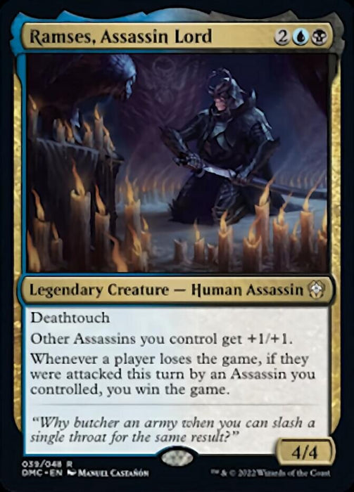 The card "Ramses, Assassin Lord" from Magic: The Gathering's Dominaria United Commander series showcases a Legendary Creature - Human Assassin. The artwork depicts Ramses in dark armor surrounded by flickering candles, with a sword resting on the table. Ramses possesses deathtouch, enhances other Assassins, and features a formidable win condition ability. He has a power and toughness of 4/4 and requires 2 blue and 2 black mana to cast.