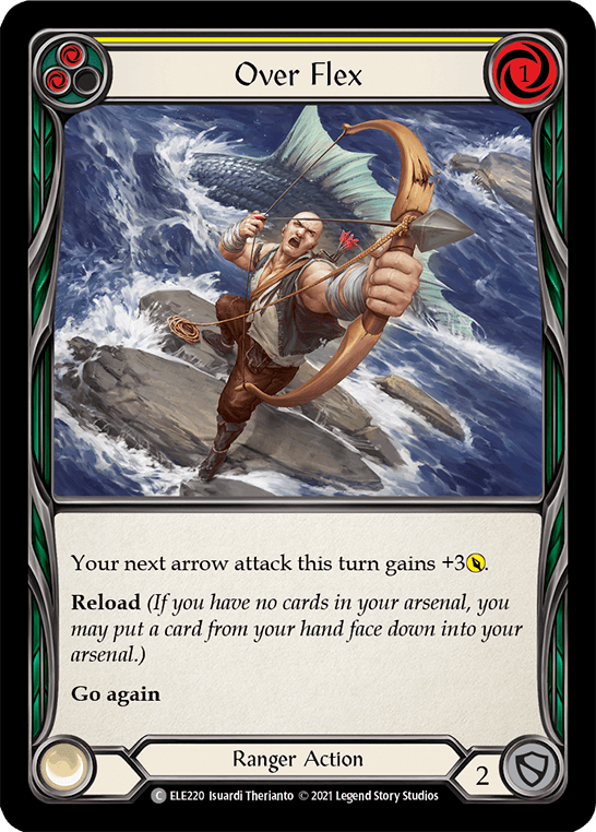 A fantasy-themed trading card titled "Over Flex (Yellow) [ELE220] (Tales of Aria) 1st Edition Rainbow Foil" from Flesh And Blood. The illustration showcases a muscular Ranger standing on rocky terrain with turbulent seas in the background, drawing a large bow with an arrow. Ideal for fans of Tales of Aria, the Rainbow Foil card text reads: "Your next arrow attack this turn gains +3. Reload. Go Again.