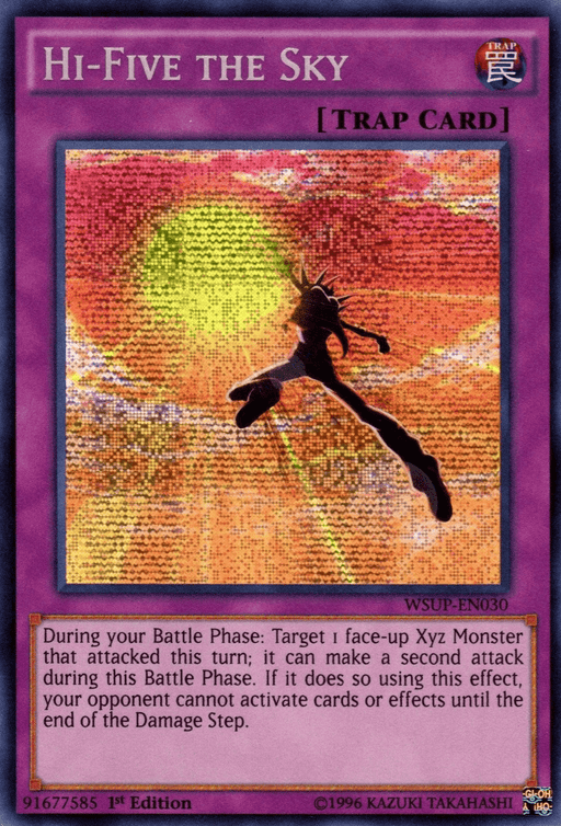 An image of a Yu-Gi-Oh! trading card titled "Hi-Five the Sky [WSUP-EN030] Secret Rare." It is a Trap Card with a purple border. The illustration depicts a silhouetted figure jumping high towards a glowing, radiant sky. The card's effect text is detailed below the image. It is labeled 1st Edition with a unique serial number at the bottom left corner.