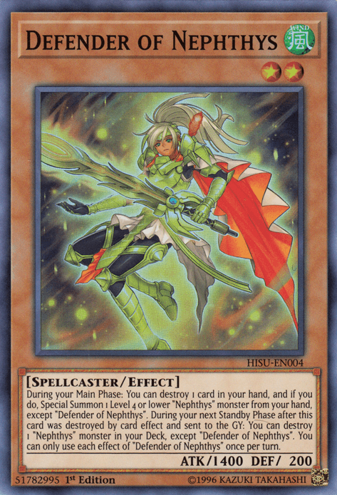 A Yu-Gi-Oh! trading card titled "Defender of Nephthys [HISU-EN004] Super Rare," classified as a Super Rare Spellcaster/Effect Monster. It features an anime-style character wielding a staff, with long green hair and a warrior outfit. The wind attribute card has 1400 attack points and 200 defense points.