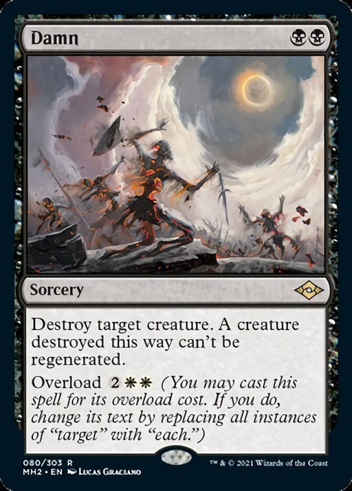 A Magic: The Gathering card titled "Damn [Modern Horizons 2]," featured in Magic: The Gathering, displays a chaotic battle scene with warriors fighting amidst smoke and fire. This rare card has black and white mana symbols at the top right, and its text describes the sorcery's effects and overload cost.