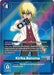 A Digimon card featuring Kiriha Aonuma [BT10-088] (Box Topper) [Xros Encounter]. Kiriha, a blonde-haired character in a white coat and red shirt, poses with a Digivice. The card has a blue background with digital patterns and text detailing its play cost and abilities, including the Security effect and DigiXros functionality crucial for Xros Encounter decks.