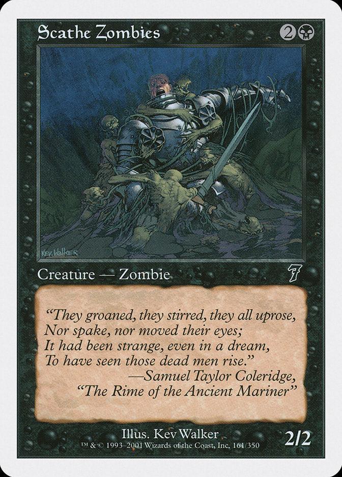 A Magic: The Gathering card named "Scathe Zombies" from the Seventh Edition features eerie artwork of zombies and showcases a green border. This common creature—zombie has a mana cost of 2B and stats of 2/2, with an illustration by Kev Walker and a quote from "The Rime of the Ancient Mariner.