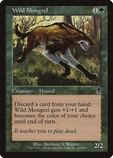 Here's a revised version of your sentence using the given product data:

The Magic: The Gathering card "Wild Mongrel [Odyssey]" is a green card that requires one generic mana and one forest mana. Illustrated by Anthony S. Waters, it depicts a snarling, wolf-like creature against a glowing background. This 2/2 Dog has unique abilities as detailed on the card.