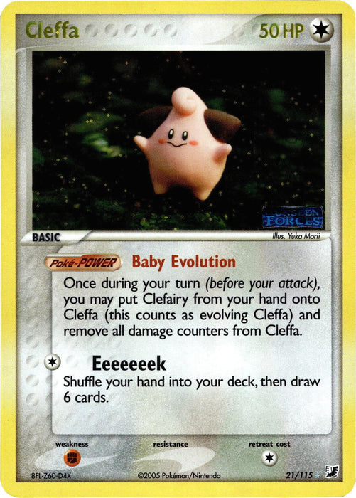 The image shows a Pokémon trading card featuring Cleffa (21/115) (Stamped) [EX: Unseen Forces] from the Pokémon series. Cleffa, a small pink creature with a star-shaped body, is depicted standing in grass with a faint night sky background. The rare card has 50 HP and includes moves "Baby Evolution" and "Eeeeeek." The illustrator is Yuka Morii.