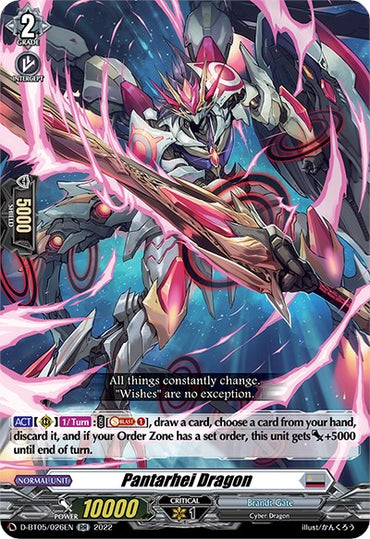 A card from the game "Cardfight!! Vanguard" by Bushiroad features a Cyber Dragon named Pantarhei Dragon (D-BT05/026EN) from the "Triumphant Return of the Brave Heroes" set. The dragon wields a large, glowing sword and is adorned with pink and gold armor, surrounded by a dynamic, electric aura. The bottom of the card reads "Pantarhei Dragon," showcasing its 10000 power along with abilities in small text. This is a Double Rare card from the collection.