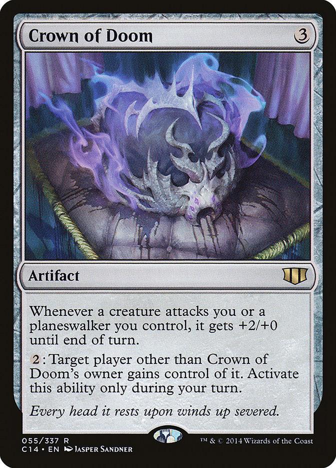 Magic: The Gathering card from Commander 2014 titled Crown of Doom [Commander 2014]. The artifact features a crown with a glowing, ominous purple and blue aura, resting on a stone table. Text: 