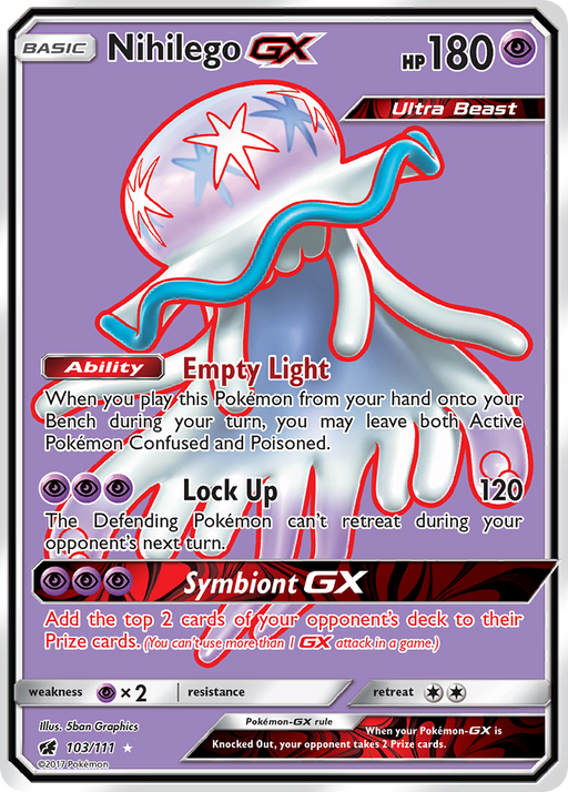The Pokémon Nihilego GX trading card (103/111) from the Sun & Moon: Crimson Invasion set is an Ultra Rare Ultra Beast boasting 180 HP. The design features a jellyfish-like creature with a translucent body, purple-tinted head, and red eyes. It has three abilities: Empty Light, Lock Up (120 damage), and Symbiont GX.