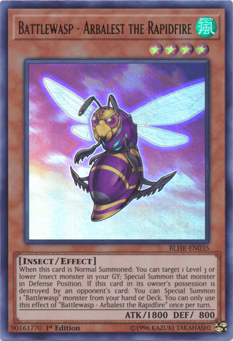 Image of a Yu-Gi-Oh! Ultra Rare trading card named "Battlewasp - Arbalest the Rapidfire [BLHR-EN035]." This Insect/Effect monster boasts 1800 ATK and 800 DEF. The artwork showcases a mechanized wasp adorned in purple and gold armor, with glittering wings and a crossbow. Card code BLHR-EN035 is at the top right.