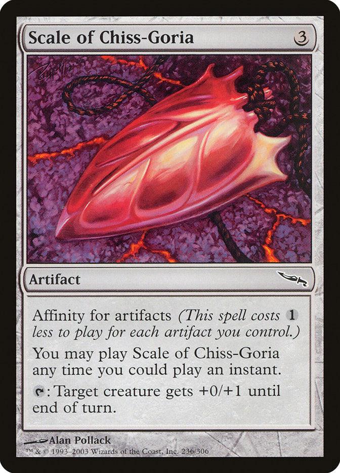 The Magic: The Gathering artifact card, Scale of Chiss-Goria [Mirrodin], has a mana cost of 3. This intricately detailed fiery red scale features the abilities 