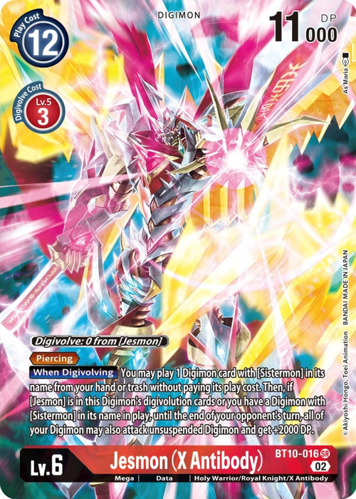 A brightly colored Digimon trading card featuring "Jesmon (X Antibody) [BT10-016] (Alternate Art) [Xros Encounter]" with a play cost of 12, 11,000 DP, and a level of 6. The card showcases a powerful warrior in metallic armor, wielding a sword surrounded by pink energy. The Xros Encounter details unique abilities and evolution requirements.