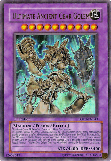 The "Yu-Gi-Oh!" trading card named "Ultimate Ancient Gear Golem [LODT-EN043]" is an Ultra Rare Machine/Fusion/Effect Monster. It features a powerful, steampunk-style mechanical golem adorned with gears and pistons. This card has a purple border and boasts impressive stats of ATK 4400 and DEF 3400, with detailed text outlining its effects in the "Machine/Fusion/Effect" category.