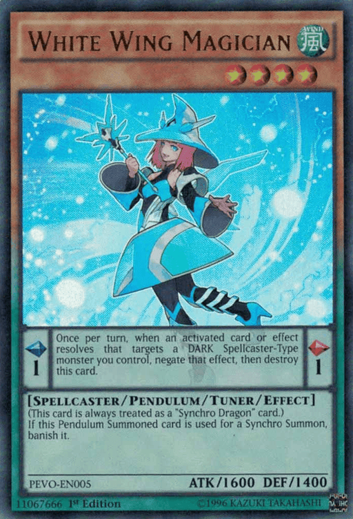Description: A Yu-Gi-Oh! trading card featuring "White Wing Magician [PEVO-EN005] Ultra Rare," an Ultra Rare Pendulum/Tuner/Effect Monster. The card’s design includes an anime-style female character in a stylish wizard outfit with a pointed hat and staff, casting a spell. The card details include ATK 1600 and DEF 1400, along with special abilities and effects.