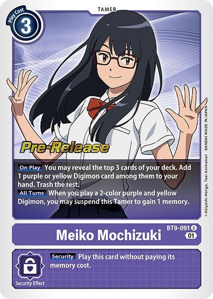 A Digimon card featuring Meiko Mochizuki [BT9-091] [X Record Pre-Release Promos], a girl with long black hair, glasses, and a school uniform. She stands with arms raised and a friendly smile. The card displays various game attributes, including play cost, security effects, and special abilities. 