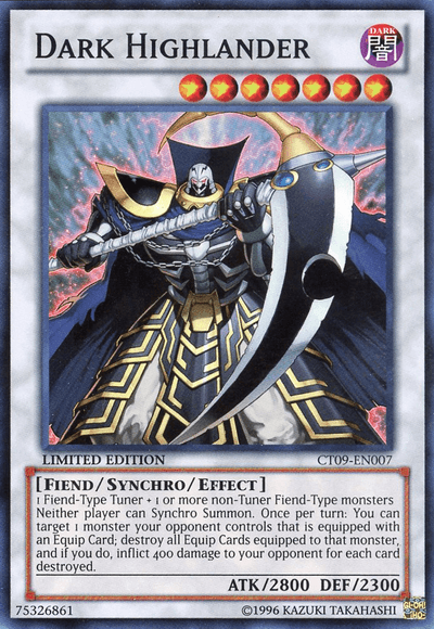A Yu-Gi-Oh! card titled "Dark Highlander [CT09-EN007] Super Rare", a Super Rare Synchro/Effect Monster, showcasing a formidable armored warrior with a scythe-like weapon. The monster boasts an impressive 2800 attack and 2300 defense. It was featured in the 2012 Collectors Tin and requires one Fiend-Type Tuner and non-Tuner Fiend-Type monsters to