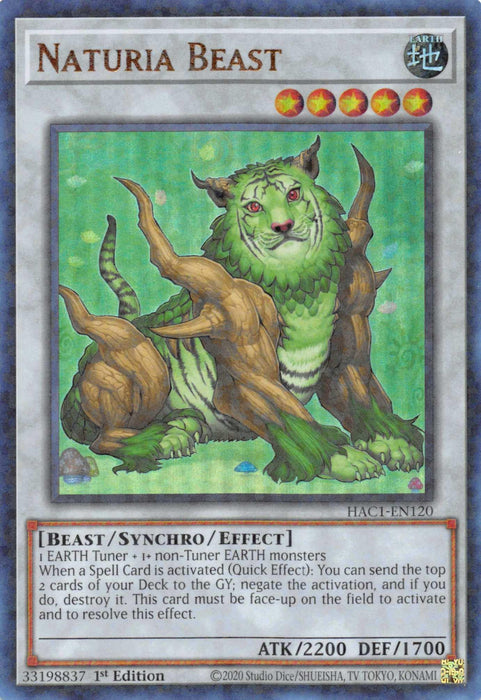 The image is of a "Naturia Beast (Duel Terminal) [HAC1-EN120] Parallel Rare" Yu-Gi-Oh! trading card. It features an illustration of a green tiger-like creature with large wooden horns and tree-like features on its body. This Synchro/Effect Monster boasts ATK 2200 and DEF 1700.