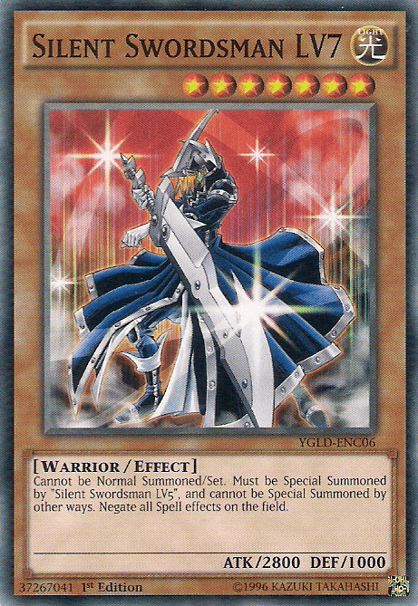 A Yu-Gi-Oh! trading card from Yugi's Legendary Decks, featuring "Silent Swordsman LV7 [YGLD-ENC06] Common." The card shows an armored warrior wielding a large sword and shield, with a background of red light and energy. It is an Effect Monster with 2800 attack points and 1000 defense points, detailing its special summoning conditions.