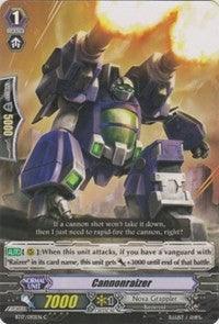 A trading card featuring a large, green and purple robot wielding a cannon. The robot stands amidst a fiery, battle-scarred background in the Star Gate setting. The card text includes statistics and abilities with "Cannonraizer (BT17/092EN) [Blazing Perdition ver.E]" as its name. Marked as "Grade 1," it has a power level of 7000 and shield of 5000—by Bushiroad.