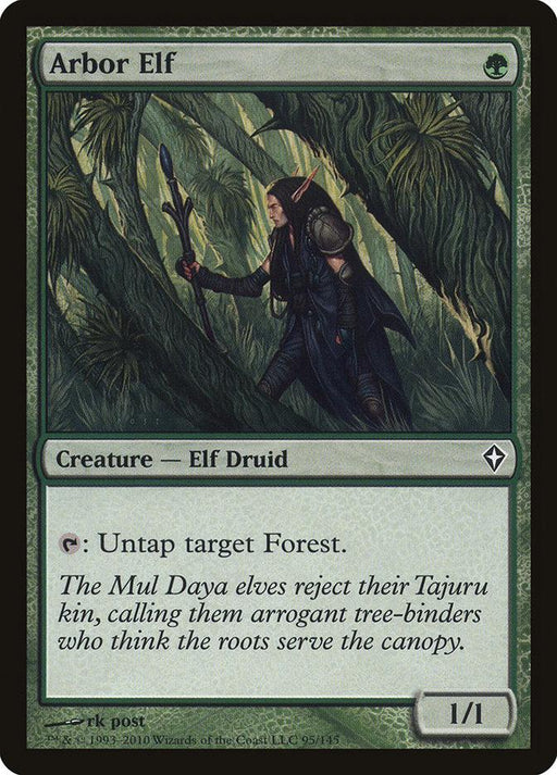 The image is a Magic: The Gathering card titled "Arbor Elf [Worldwake]" from Magic: The Gathering. It depicts an Elf Druid in a lush forest, drawing back a vine curtain. The card, green with a description that reads, "The Mul Daya elves reject their Tajuru kin, calling them arrogant tree-binders who think the roots serve the canopy," also features the ability to untap Forest.