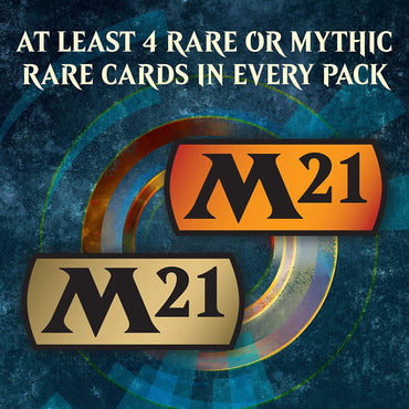 Text on the graphic reads, "At least 4 rare or mythic rare cards in every pack," accompanied by two Magic: The Gathering symbols labeled "M21." The enchanting background features a circular, mystical design in blue, orange, and green hues. Uncover premium foils with Core Set 2021 - Collector Booster Pack from Magic: The Gathering.