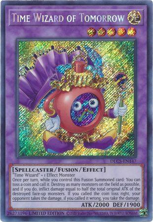 The Yu-Gi-Oh! card "Time Wizard of Tomorrow [DLCS-EN147] Secret Rare" showcases a cartoonish wizard adorned with a clock face, metallic arms, and a purple cloak. This Fusion/Effect Monster boasts an ATK of 2000 and DEF of 1900, with its spellcaster abilities highlighted by the holographic background.