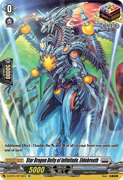 A dynamic and colorful card from Bushiroad's "Cardfight!! Vanguard" featuring the Star Dragon Deity of Infinitude, Eldobreath (D-BT01/SP19EN) [Genesis of the Five Greats]. The Space Dragon, clad in metallic blue armor with glowing accents, hovers in space. Text at the bottom provides the card's stats, abilities, and attributes.