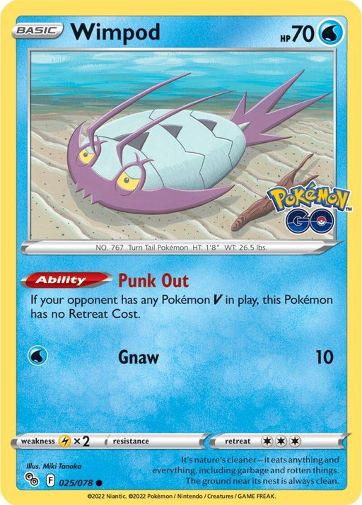 Wimpod (025/078) [Pokémon GO] with 70 HP, featuring a blue border and yellow outline. As a Common rarity card, it boasts the Punk Out ability and Gnaw move, dealing 10 damage. The illustration shows Wimpod on a sandy ocean floor with debris, accompanied by the Pokémon GO logo and visible stats/texts.