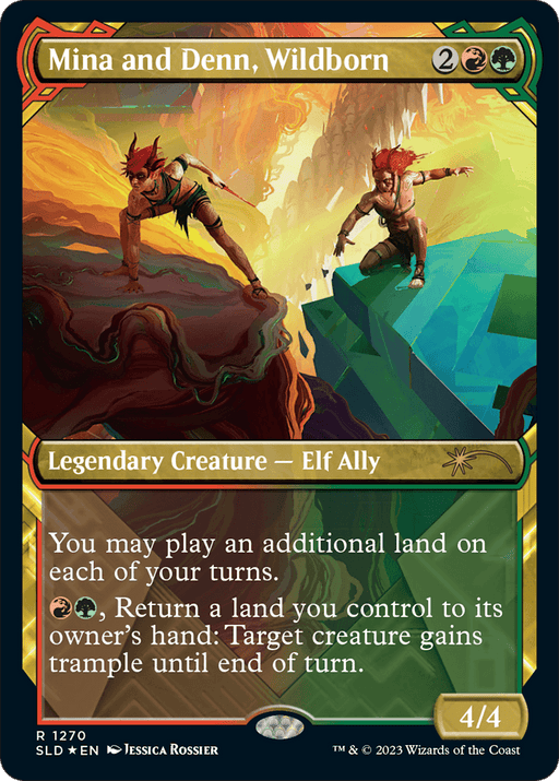 A Magic: The Gathering card titled "Mina and Denn, Wildborn (Halo Foil) [Secret Lair Drop Series]" features dynamic art of two Legendary Creature Elf Allies, one equipped with a staff and the other a sword, amidst lush terrain. The Secret Lair card allows an additional land play and grants trample to a creature. It has a power and toughness of 4/4.