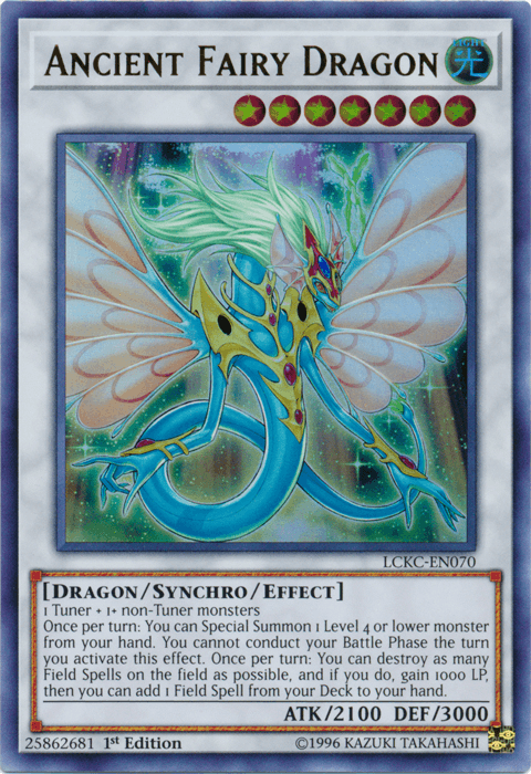 A Yu-Gi-Oh! Ancient Fairy Dragon [LCKC-EN070] Ultra Rare from the Legendary Collection Kaiba. This Synchro/Effect Monster features a green and blue dragon with fairy-like wings and glowing orbs. It's a LIGHT attribute card with 2100 ATK and 3000 DEF, requiring 1 Tuner +