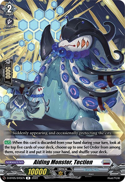 A trading card for "Aiding Monster, Tectien (D-BT05/045EN)" from Bushiroad's Triumphant Return of the Brave Heroes set features an alien-like creature with tentacle arms and blue, hexagonal patterns in the background. The Brandt Gate card includes abilities: "Power: 10000," "Critical: 1," and a skill description in a yellow box at the bottom. Illustration by YUKI.