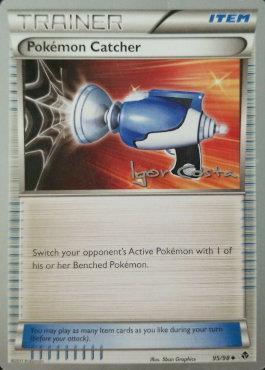 The image shows the "Pokemon Catcher (95/98) (Pesadelo Prism - Igor Costa) [World Championships 2012]" card from the Pokémon Trading Card Game. It belongs to the Trainer category under the Item subcategory and is an Uncommon card. The card, featured in World Championships 2012, depicts a blue and silver device emitting a web-like net, instructing to switch the opponent's Active Pokémon with one of their Benched Pokémon.