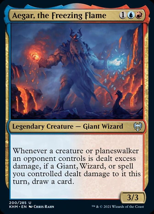 A trading card from Magic: The Gathering displays "Aegar, the Freezing Flame [Kaldheim]," a Legendary Creature - Giant Wizard. The giant figure stands amidst a fiery and icy landscape, clad in glowing armor, surrounded by flames and frosty mist. The card specifies its abilities and attributes, with a 3/3 power/toughness rating.