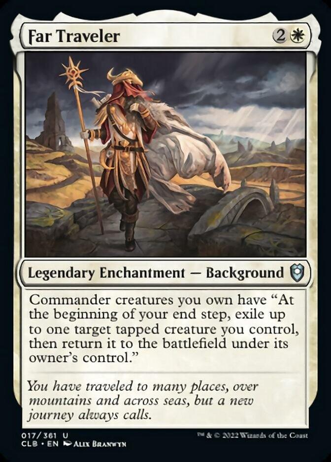 The image is of a Far Traveler [Commander Legends: Battle for Baldur's Gate] from Magic: The Gathering. This legendary enchantment, with a cost of 2W, features art depicting a figure in armor and a cloak holding a staff, overlooking mountainous ruins. The card's text describes its ability and flavor text.