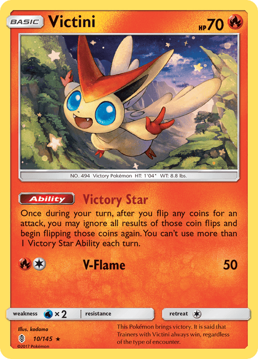 A Holo Rare Pokémon card featuring Victini with 70 HP. Victini, a small, animated creature with large blue eyes and orange ears, hovers in a starry background. Its Ability, "Victory Star," and move, "V-Flame," are depicted. Weakness: Water x2. This is **Victini (10/145) [Sun & Moon: Guardians Rising]** from **Pokémon**, illustrated