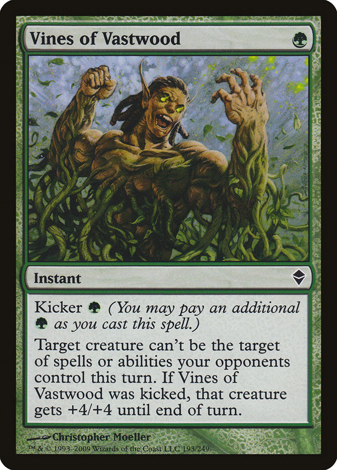 The Magic: The Gathering card "Vines of Vastwood [Zendikar]" features artwork by Christopher Moeller, depicting a creature entangled in lush green vines and showing its strength. This Instant spell provides protection from opponents' spells, and activating its Kicker ability enhances the creature with a +4/+4 boost.