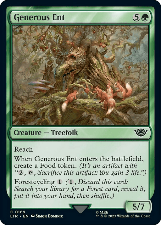 A Generous Ent [The Lord of the Rings: Tales of Middle-Earth] Magic: The Gathering card, part of The Lord of the Rings: Tales of Middle-Earth series. It features a Creature — Treefolk with squirrels on its branches and in the foreground. The green-framed card costs 5G, has power/toughness 5/7, and abilities involving Reach, tokens, and Forestcycling.