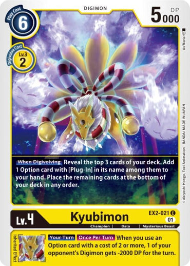 The image showcases the Kyubimon [EX2-021] [Digital Hazard] card from Digimon, featuring a Champion-level creature with flowing ribbons. The card displays a blue, circular evolution cost of 6 and a yellow play cost of 2 in the top-left corner. Kyubimon is depicted mid-action, with level details and abilities outlined in the lower section.