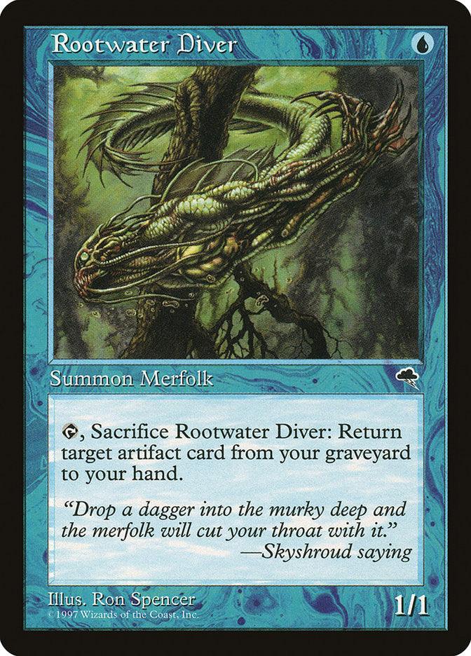 Magic: The Gathering's "Rootwater Diver [Tempest]" card showcases a green Merfolk with fins that enables players to retrieve an artifact card from their graveyard. It includes a quote from Skyshroud: “Drop a dagger into the murky deep...” with artwork by Ron Spencer.